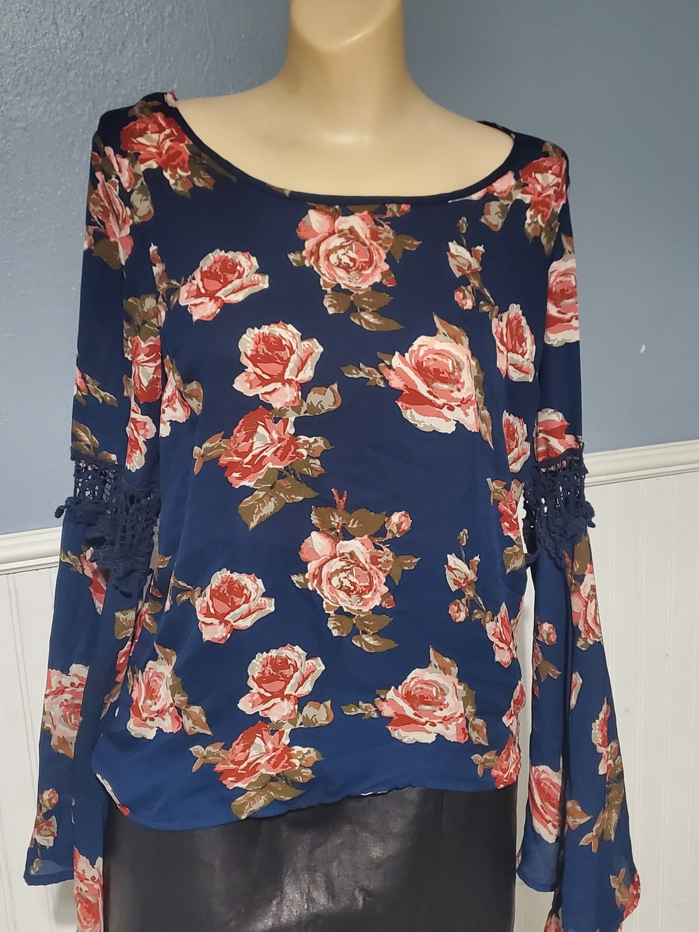 Navy Floral Bell Sleeve Tunic with Crochet Trim Suze S Boho Romantic Roses
